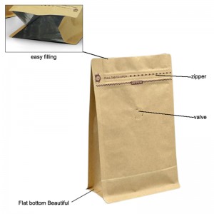 bolsa de plástico con escudete cuadrado cuadrado inferior con base plana de papel kraft con bolsa con forma de caja de cremallera bolsa de embalaje con fondo plano